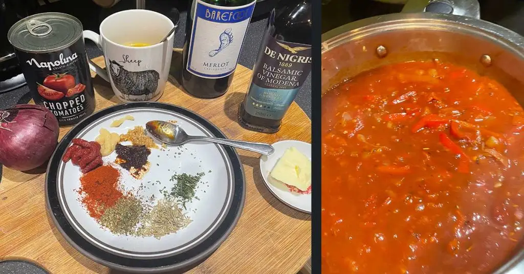 Shows ingredients for pasta sauce and that sauce being cooked